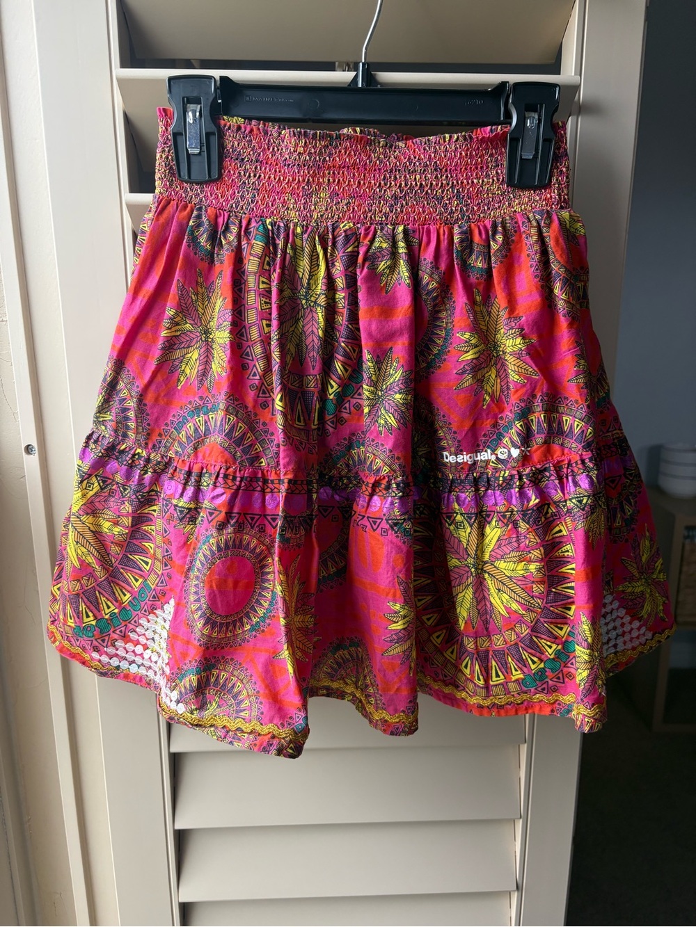 Desigual Pink & Yellow Mandala Print Smocked Mini Skirt